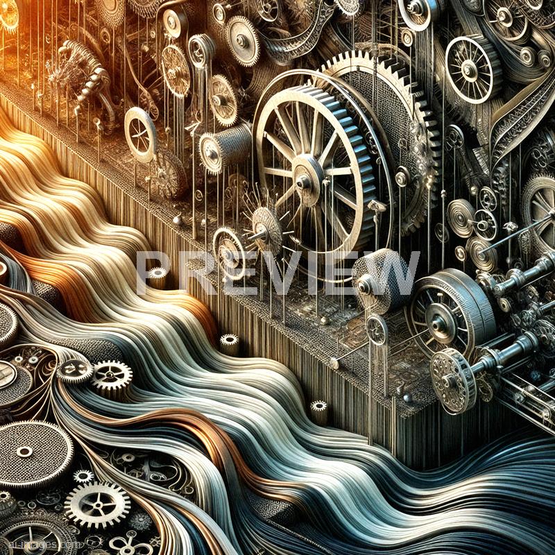 The image features a complex array of interconnected gears, cogs, and mechanical components, forming a detailed and intricate machinery structure. The gears are of various sizes and are arranged in a seemingly endless network, with some appearing to be in motion, while others are static. In the lower left corner, flowing, wave-like metallic strands resemble liquid metal or flowing wires, contrasting with the rigid mechanical parts above. The entire scene has a metallic, industrial aesthetic with a warm, golden hue lighting the machinery.